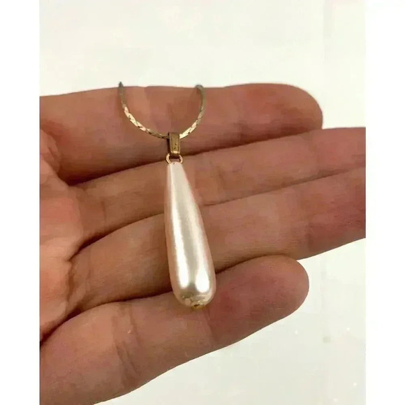 18k GT Chain 17" Necklace Faux Pearl Pink Design Teardrop Pendant - Picture 10 of 15